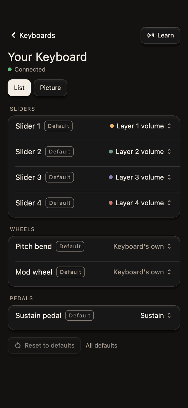 The Controls page in KeyLayers on a phone, for your keyboard, connected: sliders 1 to 4 move layers 1 to 4, the pitch bend and mod wheel stay the keyboard’s own, and the sustain pedal holds, each marked Default, with Learn at the top.