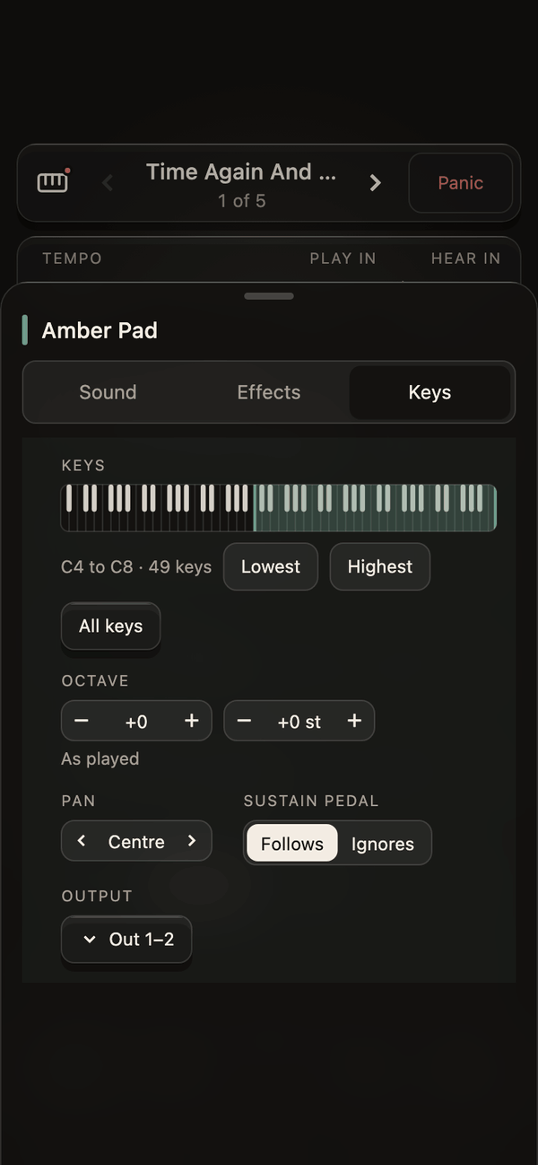 A layer’s Keys page in KeyLayers on a phone, for Amber Pad: a keyboard strip with C4 to C8 marked, 49 keys, Lowest, Highest and All keys, then Octave and semitones, Pan, Sustain pedal and Output.