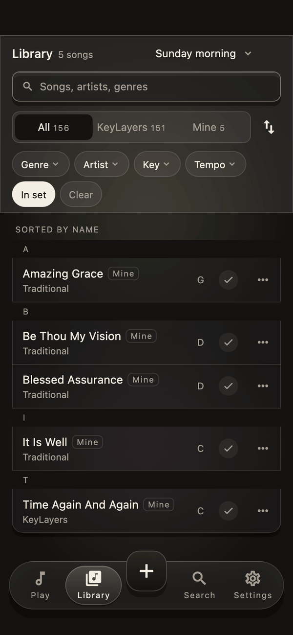 The Library in KeyLayers on a phone, showing the five songs in the set Sunday morning, each with its artist and key, sorted by name, with filters for genre, artist, key and tempo.