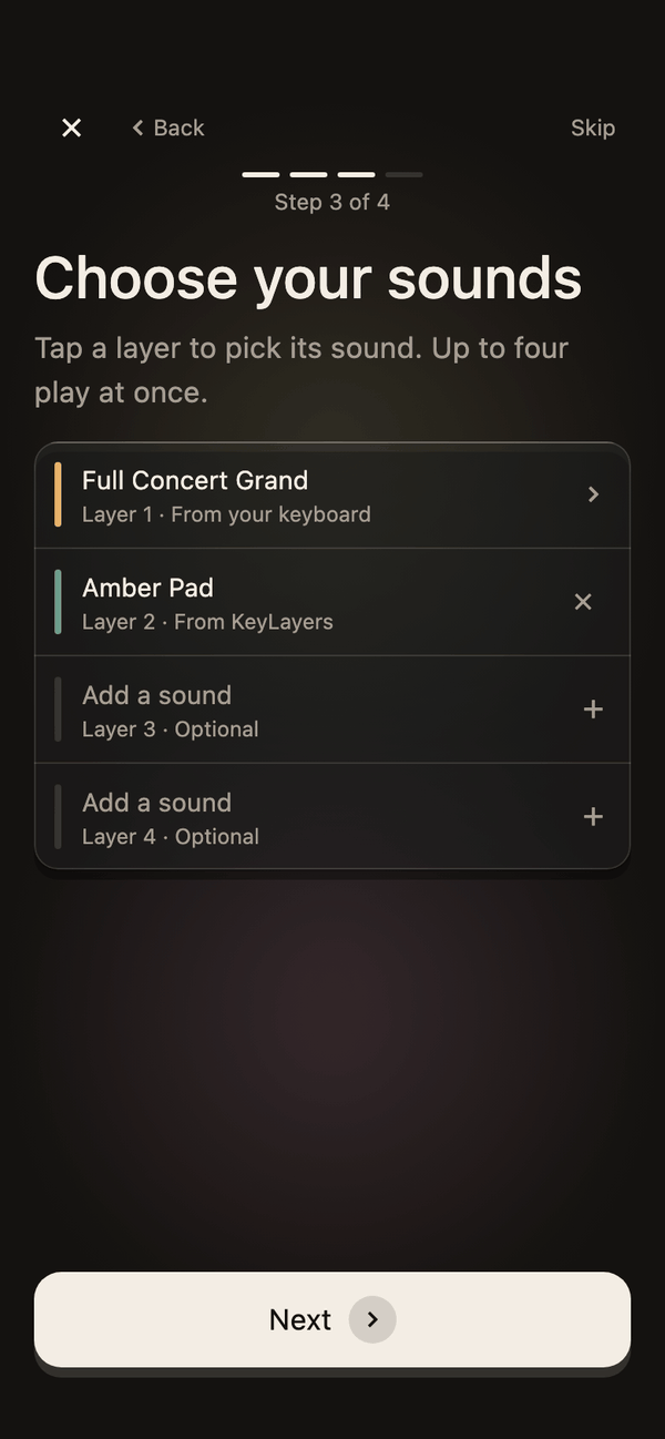 Step 3 of 4 of New song in KeyLayers on a phone, Choose your sounds: Full Concert Grand on layer 1 from your keyboard, Amber Pad on layer 2 from KeyLayers, and two optional layers still to add, with Next below.