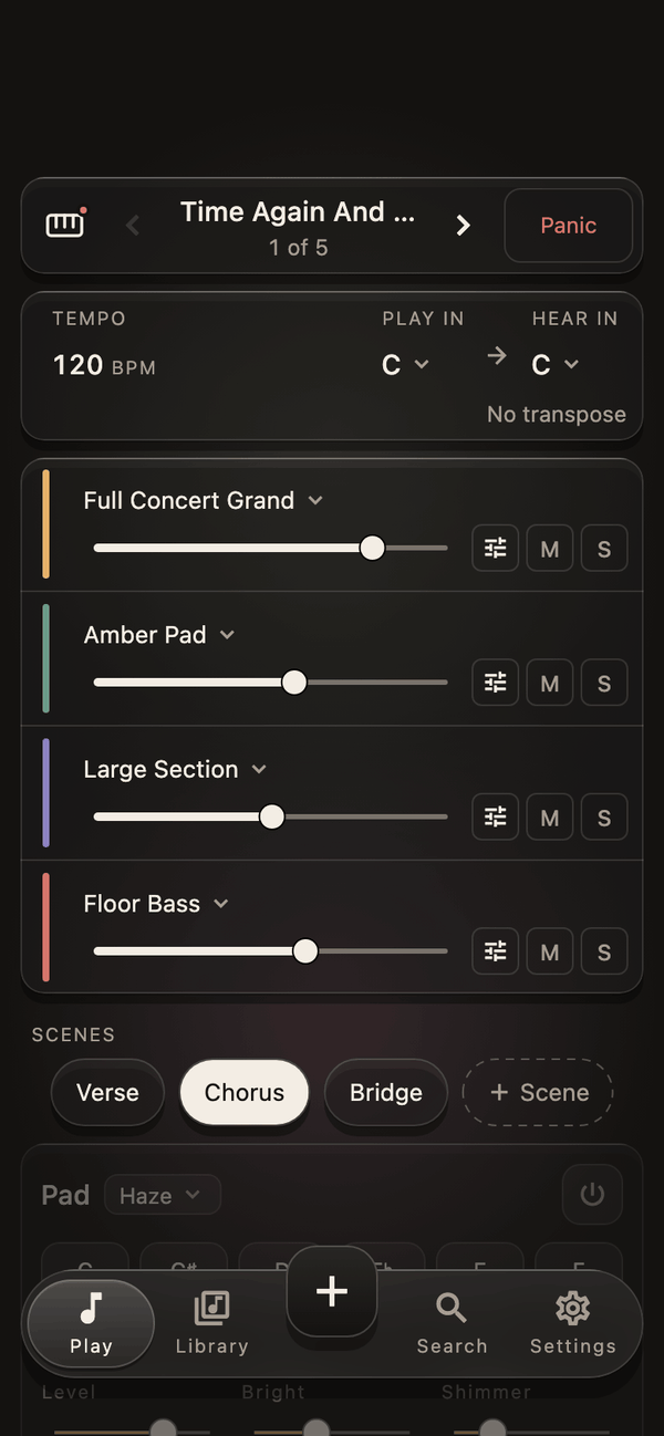 The Play screen of KeyLayers on a phone: the song Time Again And Again, 1 of 5, at 120 BPM in C, four layers with faders, M and S (Full Concert Grand, Amber Pad, Large Section, Floor Bass), the Chorus scene picked, and the pad below.
