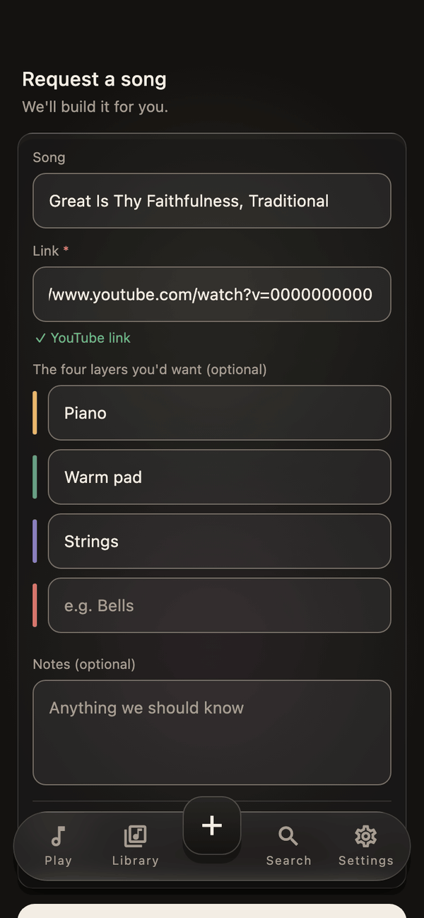 Request a song in KeyLayers on a phone: the song Great Is Thy Faithfulness, a YouTube link marked as checked, piano, warm pad and strings named for three of the four layers, and a space for notes.