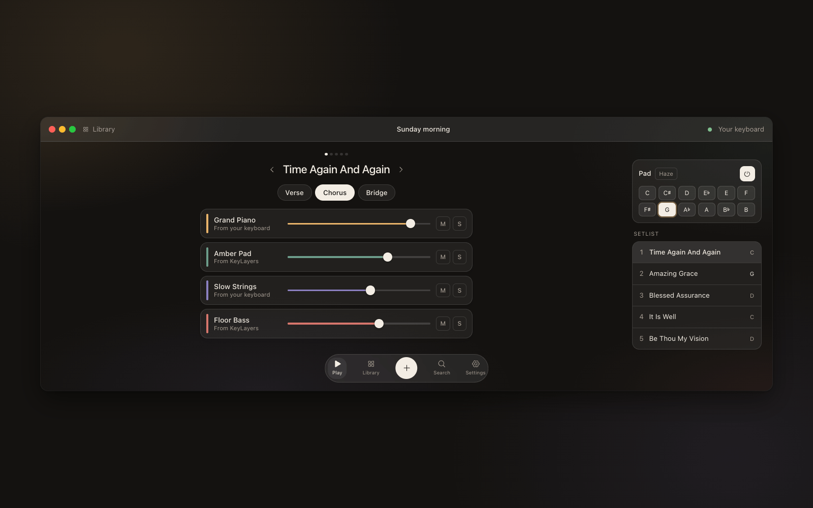 KeyLayers on a Mac in dark mode: the song Time Again And Again with four layers, the pad and the setlist.