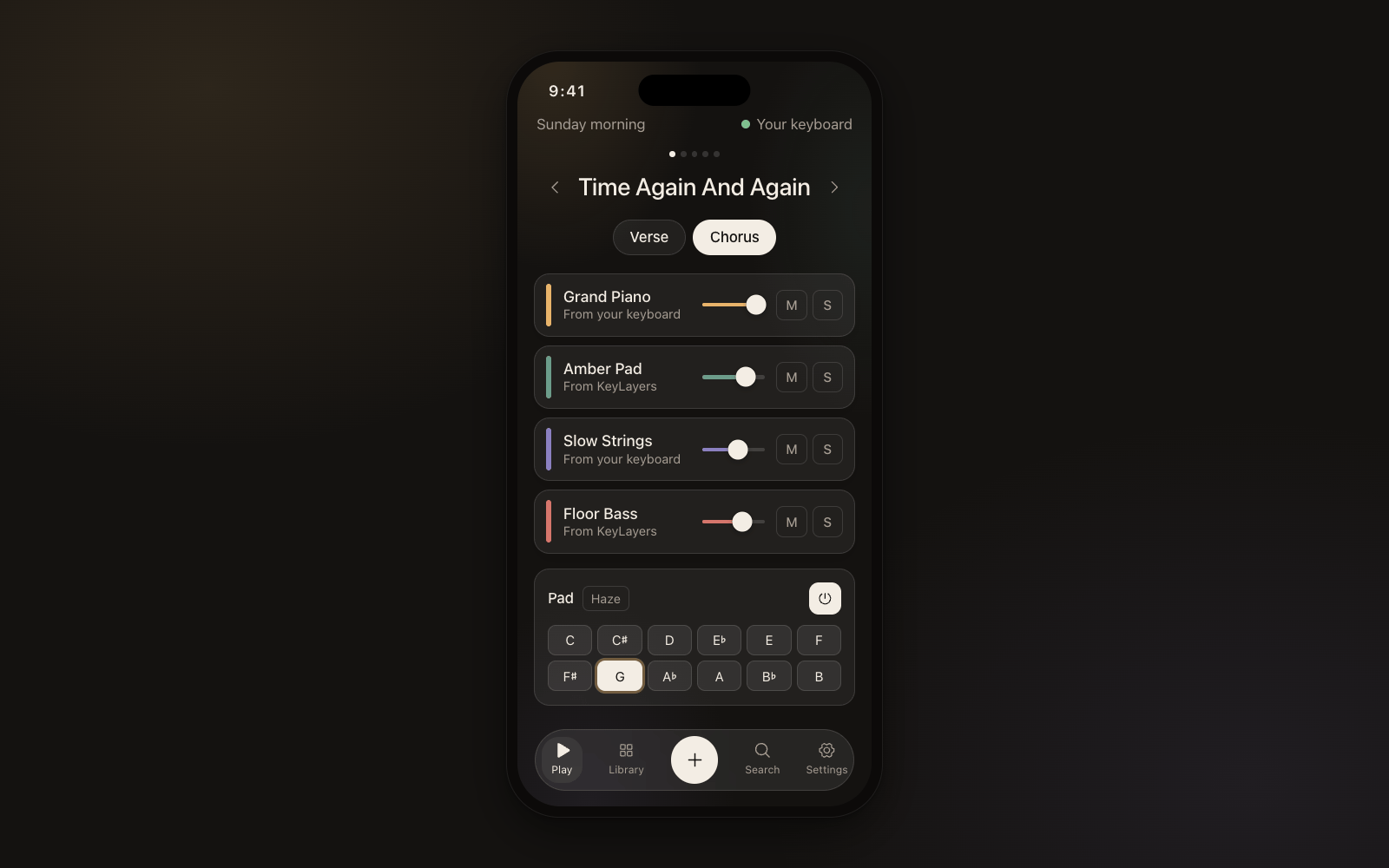 KeyLayers on a phone in dark mode: four layers with faders, the Chorus scene and the pad.
